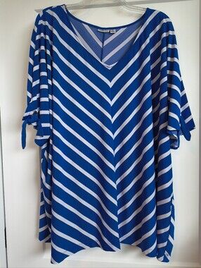 Croft & Barrow V Neck Dolman Sleeve Blouse Blue White Striped Oversized Flowy